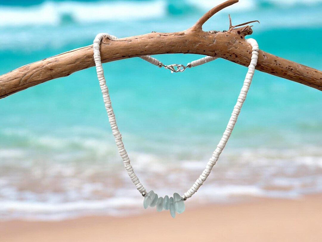 Handmade Aqua Sea Glass Puka Shell Necklace, Hawaiian Beach Jewelry - Etsy