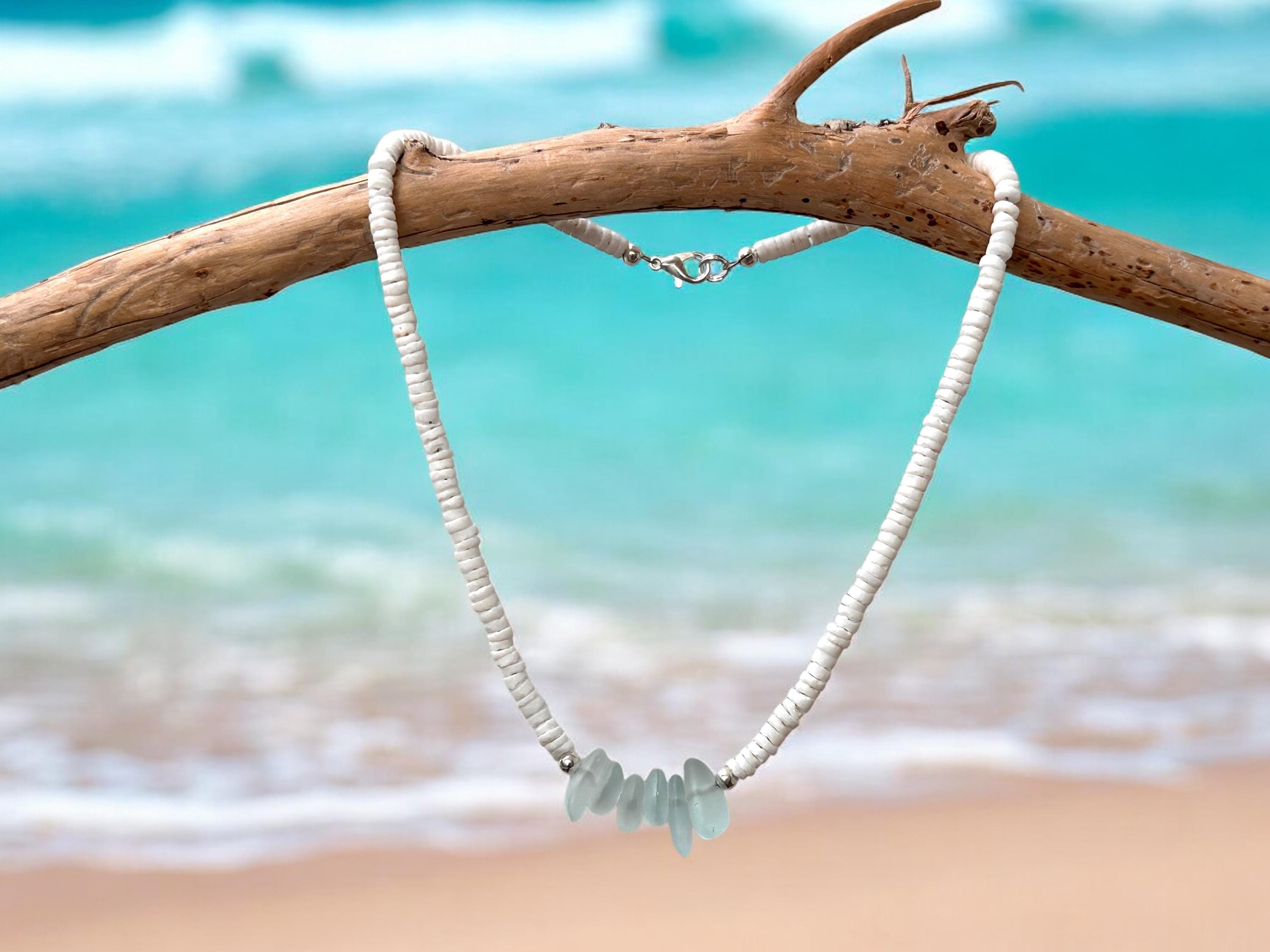 Sea Glass Puka Shell Necklace, Beach Jewelry, Hawaiian Style