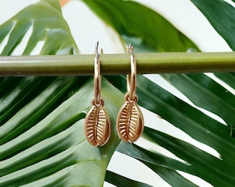 Matte Gold Cowrie Hoop Earrings, Shell Jewelry, Beach Accessories, Vacation Jewellery, Gift for Her