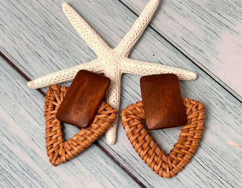 Wood and Rattan Earrings, Beach Jewelry, Boho Accessories, Triangle Earring image 5