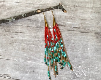 Beaded Fringe Earrings, Boho Earrings, Tassel Earrings, Brass Earrings