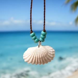 Shell Necklace, Surfer Girl, Seashell Jewelry, Scallop Shell Pendant, Adjustable Waterproof Cord, Summer Beach Choker, Handmade Gift