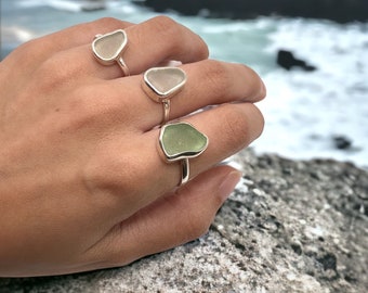 Sea Glass Ring, Sterling Silver Beach Jewelry, Irregular Shaped Glass, Minimalist Simple Band, Gift for Her