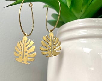 Brass Monstera Leaf Earrings, Handmade Beach Jewelry