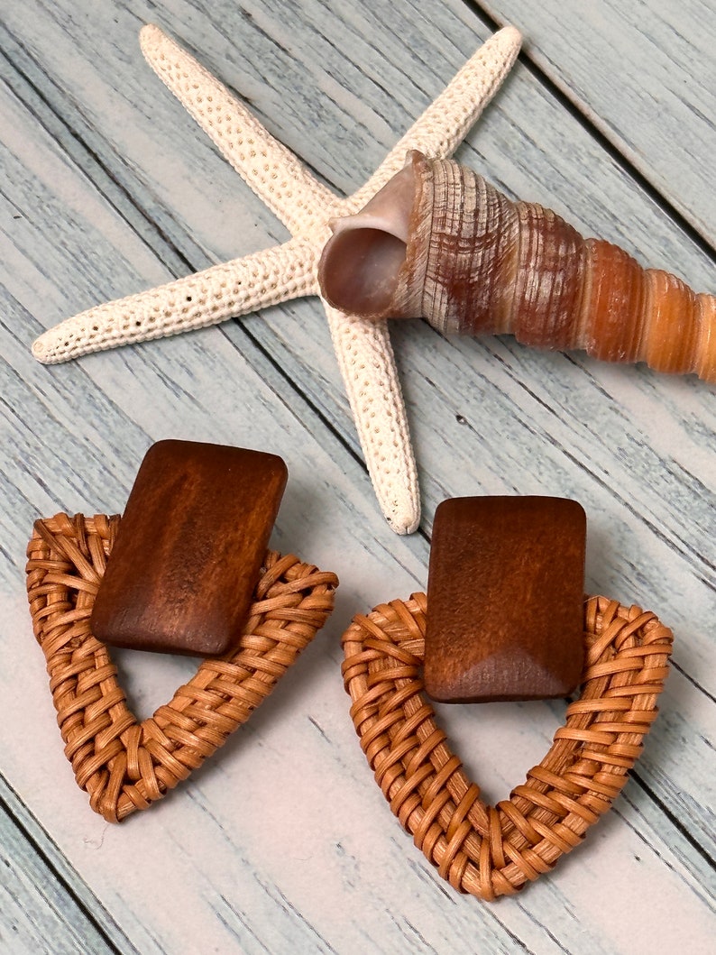 Wood and Rattan Earrings, Beach Jewelry, Boho Accessories, Triangle Earring image 2