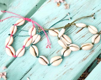 Cowrie Shell Bracelet, Adjustable Beach Jewelry, Surfer Girl Bracelet, 10 Colours