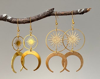 Sun and Moon Earrings | Brass Earrings | Celestial Earrings | Witchy Jewelry