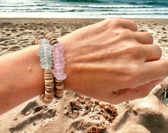 Handmade Sea Glass Bracelet, Coconut Wood Beads, Boho Beach Jewelry