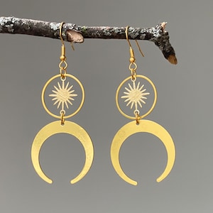 Sun and Moon Earrings, Celestial Jewelry, Brass Earrings, Boho Jewelry