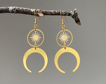 Sun and Moon Earrings, Celestial Jewelry, Brass Earrings, Boho Jewelry
