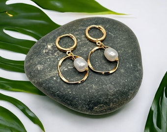 Gold Pearl Earrings • Genuine Freshwater Pearls • Huggie Style Hoops • Gift for Her • Beach Wedding