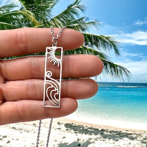 Surf Wave Necklace, Sun and Surf Pendant, Beach Jewelry, Waterproof Stainless Steel, Ocean Lover Gift, Summer Accessories