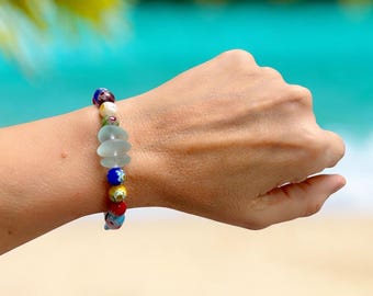 Sea Glass Bracelet, Colourful Millefiori Beads, Adjustable Beach Jewelry