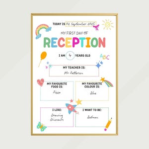 May include: A framed, colourful 'My First Day of Reception' sign. The sign includes the text 'Today is 02 September 2025', 'I am 4 years old', and 'My favourite colour is Blue'. The sign also has drawings of a rainbow, balloon, and rocket.