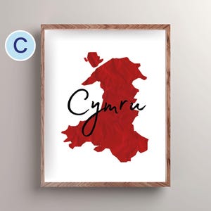 Carte de Cymru imprimable impression d'art mural Pays de Galles carte Illustration Gallois Art affiche décoration moderne maison neuve cadeau carte du pays de Galles rouge