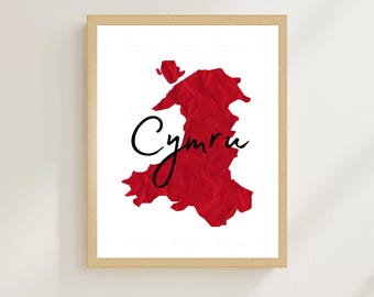 Mapa de Cymru imprimible, arte de pared, impresión, ilustración de mapa de Gales, póster de arte galés, decoración moderna para el hogar, regalo para el nuevo hogar, mapa de Gales rojo