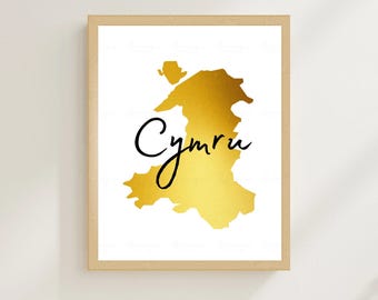 Mapa de Cymru imprimible, impresión de arte de pared, ilustración de mapa de Gales, póster de arte galés, decoración moderna para el hogar, regalo para el nuevo hogar, mapa de Gales dorado