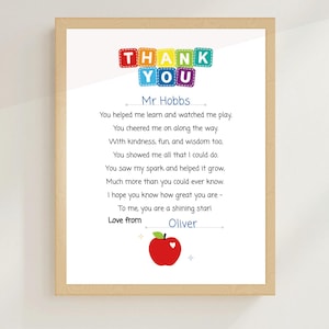 Regalo para maestros, poema de agradecimiento imprimible, regalo editable de agradecimiento para maestros, impresión de despedida de fin de año escolar, clase de 2025, arte de Apple