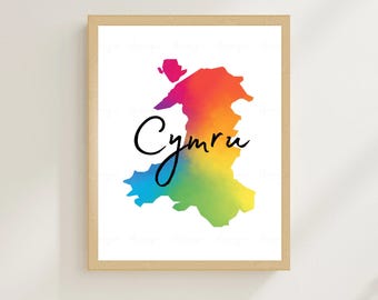 Mapa de Cymru imprimible, impresión de arte de pared, ilustración de mapa de Gales, póster de arte galés, decoración moderna para el hogar, regalo para un nuevo hogar, mapa de Gales, acuarela arcoíris