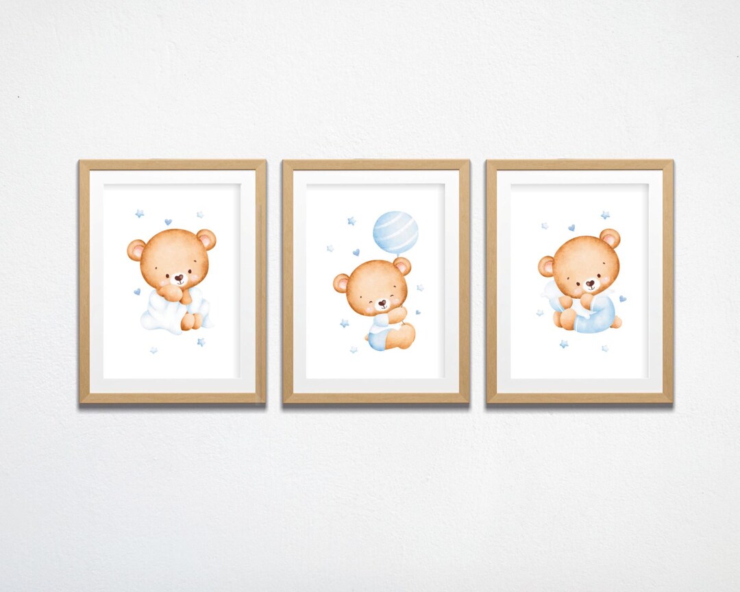 Printable Cute Blue Teddy Bear Wall Art Set of 3 Modern Watercolour ...