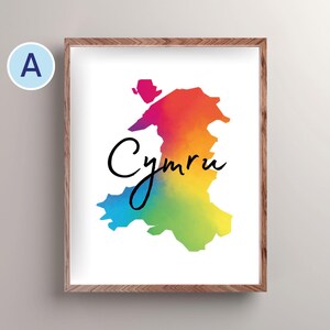 Mapa de Cymru imprimible, arte de pared, impresión, ilustración de mapa de Gales, póster de arte galés, decoración moderna para el hogar, regalo para el nuevo hogar, mapa de Gales, acuarela arcoíris