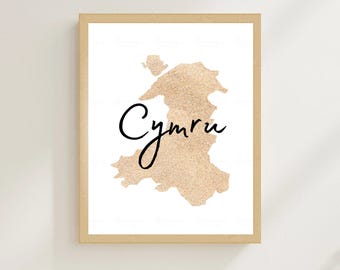 Mapa de Cymru imprimible, impresión de arte de pared, ilustración de mapa de Gales, póster de arte galés, decoración moderna para el hogar, regalo para el nuevo hogar, mapa de Gales en arena