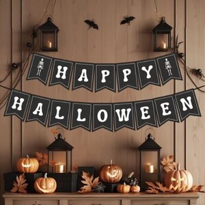 Printable Halloween Bunting Happy Halloween Banner Happy Halloween Skeleton Garland Flags Kids Halloween Party Decor DIY Halloween Decor PDF