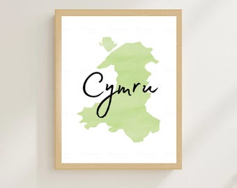 Mapa de Cymru imprimible, arte de pared, impresión, ilustración de mapa de Gales, póster de arte galés, decoración moderna para el hogar, regalo para el nuevo hogar, mapa de Gales verde