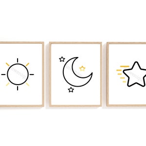 Sun, moon & shooting star prints, Nursery Art, Digital Download Print, 8 x 10 inches, Wall Art