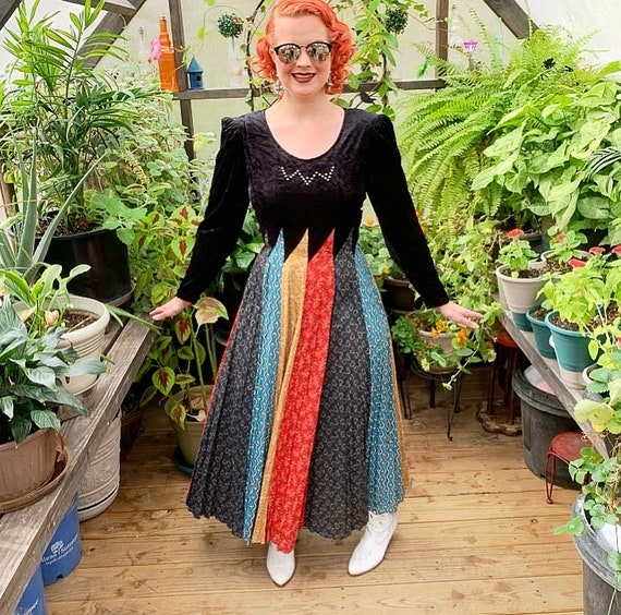 Vintage “ Circle T” velvet patchwork dress Sz L - image 9
