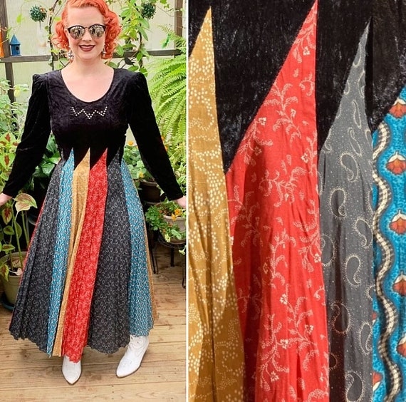 Vintage “ Circle T” velvet patchwork dress Sz L - image 2