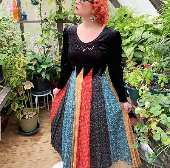 Vintage “ Circle T” velvet patchwork dress Sz L - image 1