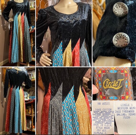 Vintage “ Circle T” velvet patchwork dress Sz L - image 7