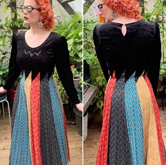 Vintage “ Circle T” velvet patchwork dress Sz L - image 5