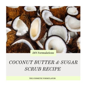 Könnte beinhalten: Ein Nahaufnahmebild eines Stapels zerbrochener Kokosnussschalen. Das Bild ist mit "DIY Formulations Coconut Butter & Sugar Scrub Recipe The Cosmetic Formulator" beschriftet.