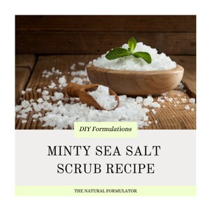 Könnte beinhalten: Eine Holzschale und ein Löffel gefüllt mit weißem Meersalz, garniert mit frischen Minzblättern. Das Bild zeigt den Text "DIY Formulations" und "Minty Sea Salt Scrub Recipe" mit "The Natural Formulator" darunter.
