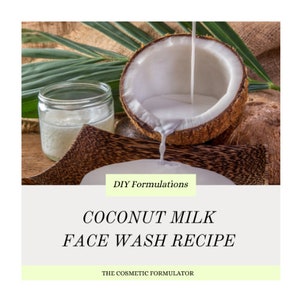Könnte beinhalten: Eine Nahaufnahme eines Kokosnuss mit Kokosmilch, die in eine Holzschale gegossen wird. Der Text "DIY Formulations" befindet sich auf einem grünen Rechteck. Der Text "COCONUT MILK FACE WASH RECIPE" ist in schwarzer Schrift auf weißem Hintergrund. Der Text "THE COSMETIC FORMULATOR" befindet sich auf einem grünen Rechteck.