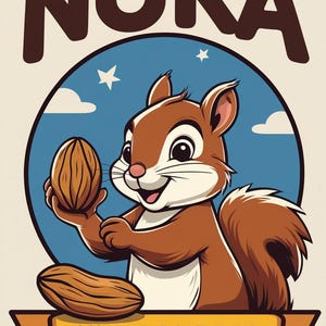 May include: A cartoon illustration of a brown squirrel holding a nut, with the text "NUKA" above and "NUTT BUTTER" below. The squirrel is set against a blue background with stars.