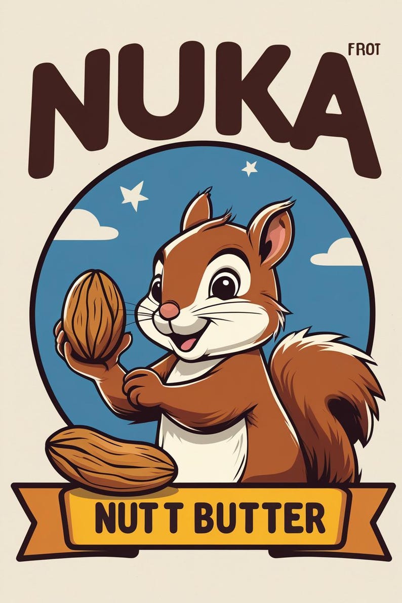 May include: A cartoon illustration of a brown squirrel holding a nut, with the text "NUKA" above and "NUTT BUTTER" below. The squirrel is set against a blue background with stars.