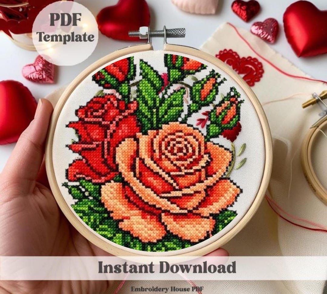 Simple Floral Rose Cross-stitch Pattern , Beginner-friendly PDF ...