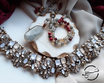 Tasbih/tasbeeh/misbaha, Grey, red & gold islamic prayer beads, natural gemstone beads, perfect eid/Ramadan/muslim wedding gift for her