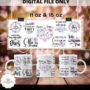Envoltura de taza de 11 y 15 oz con versículo de la Biblia en español, Plantillas de sublimación de taza de café con versículo de la Biblia, Envoltura de taza religiosa, Taza PNG, Descarga instantánea