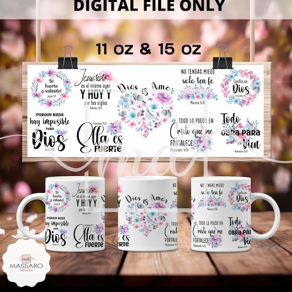 Plantilla de sublimación religiosa para taza con versículo bíblico en español (descarga digital PNG)