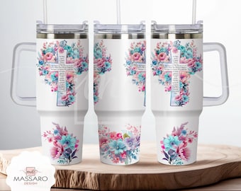 Lord&#39;s Prayer Tumbler Wrap: Floral Cross, 40oz Quencher (Digital File)