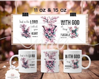 Bible Verse Mug Wrap Template: Floral Butterfly Design (PNG Digital Download)