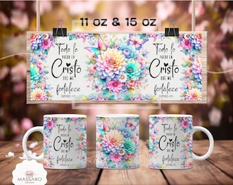 Spanish Bible Verse Mug Wrap: Floral Religious Design (PNG Digital Download)