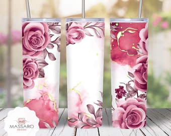 Pink Roses 20oz Skinny Tumbler Sublimation - Watercolor Roses 20oz Skinny Tumbler Sublimation Straight/ Tapered PNG - Full Wrap Tumbler