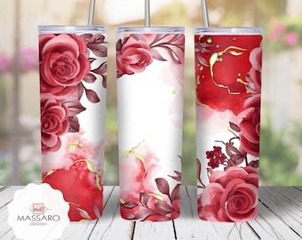 Watercolor Red Roses Tumbler Sublimation Design: 20oz Skinny Tumbler (PNG Digital Download)