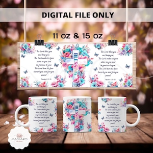 May include: White ceramic mugs and a decorative banner featuring a floral cross design with the word "BLESSING". The design includes pink, blue, and turquoise flowers, butterflies, and a Bible verse. The banner is held by black clips. The text "DIGITAL FILE ONLY" is at the top.