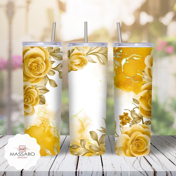 Yellow Roses 20oz Skinny Tumbler Sublimation - Watercolor Roses 20oz Skinny Tumbler Sublimation Straight/ Tapered PNG - Full Wrap Tumbler